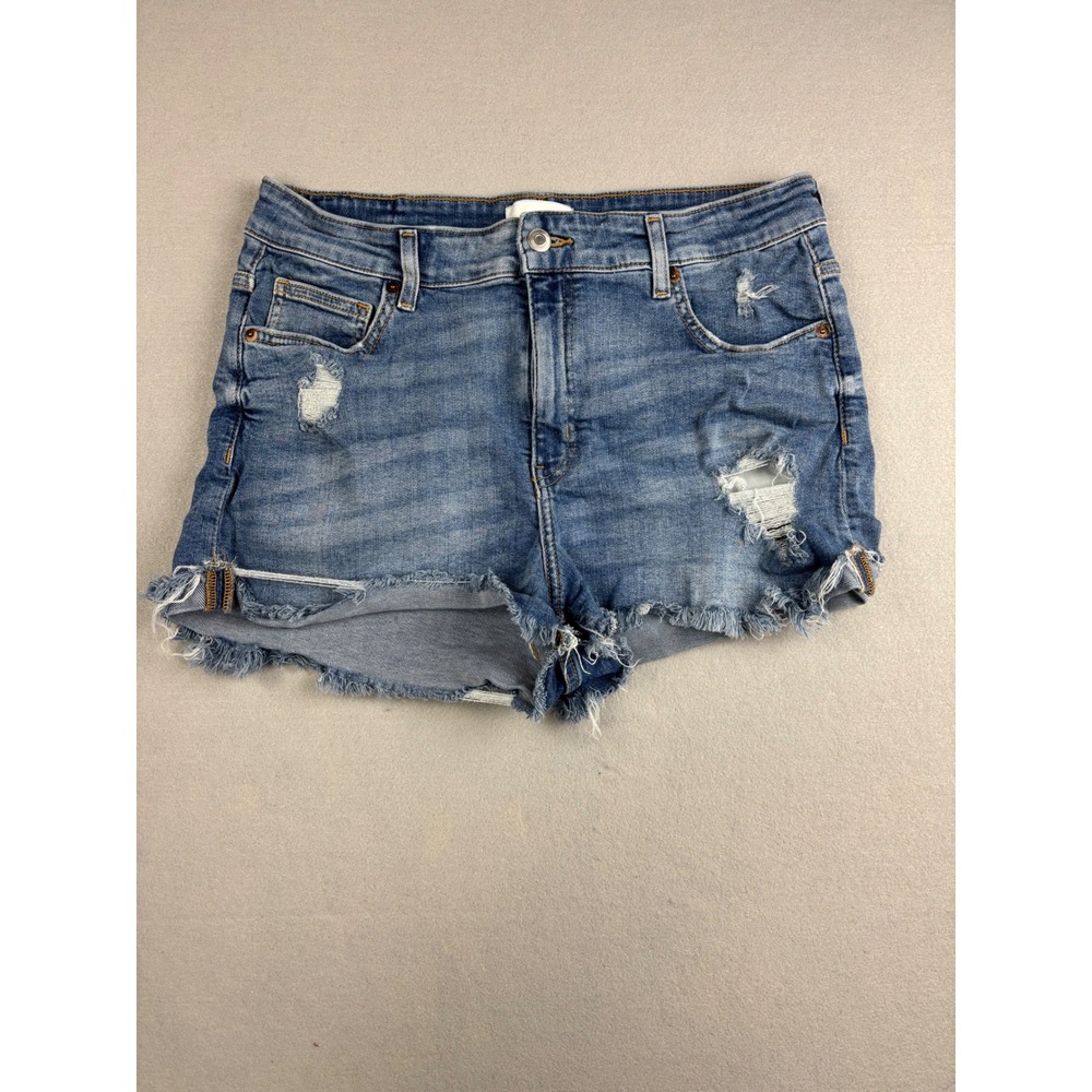 H&M Distressed Denim Cutoff Shorts Blue Women's Size 14 Frayed Hem Raw Edge